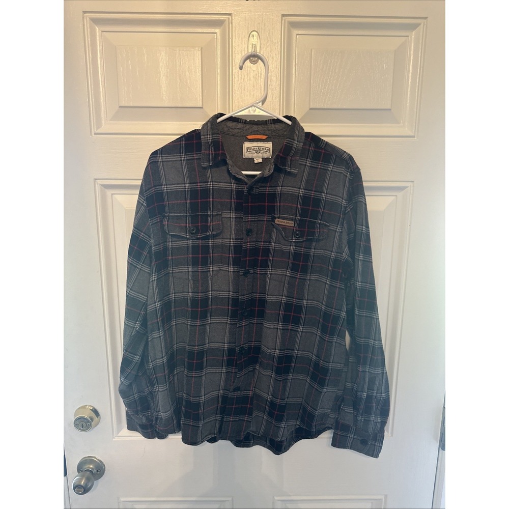 Field & Stream Mens Flannel Button Down Shirt Large Gray Plaid Long Sleeve